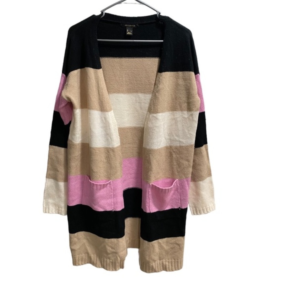 Revamped Open Front Cardigan size Large Pockets, Pink, White, Black, Tan